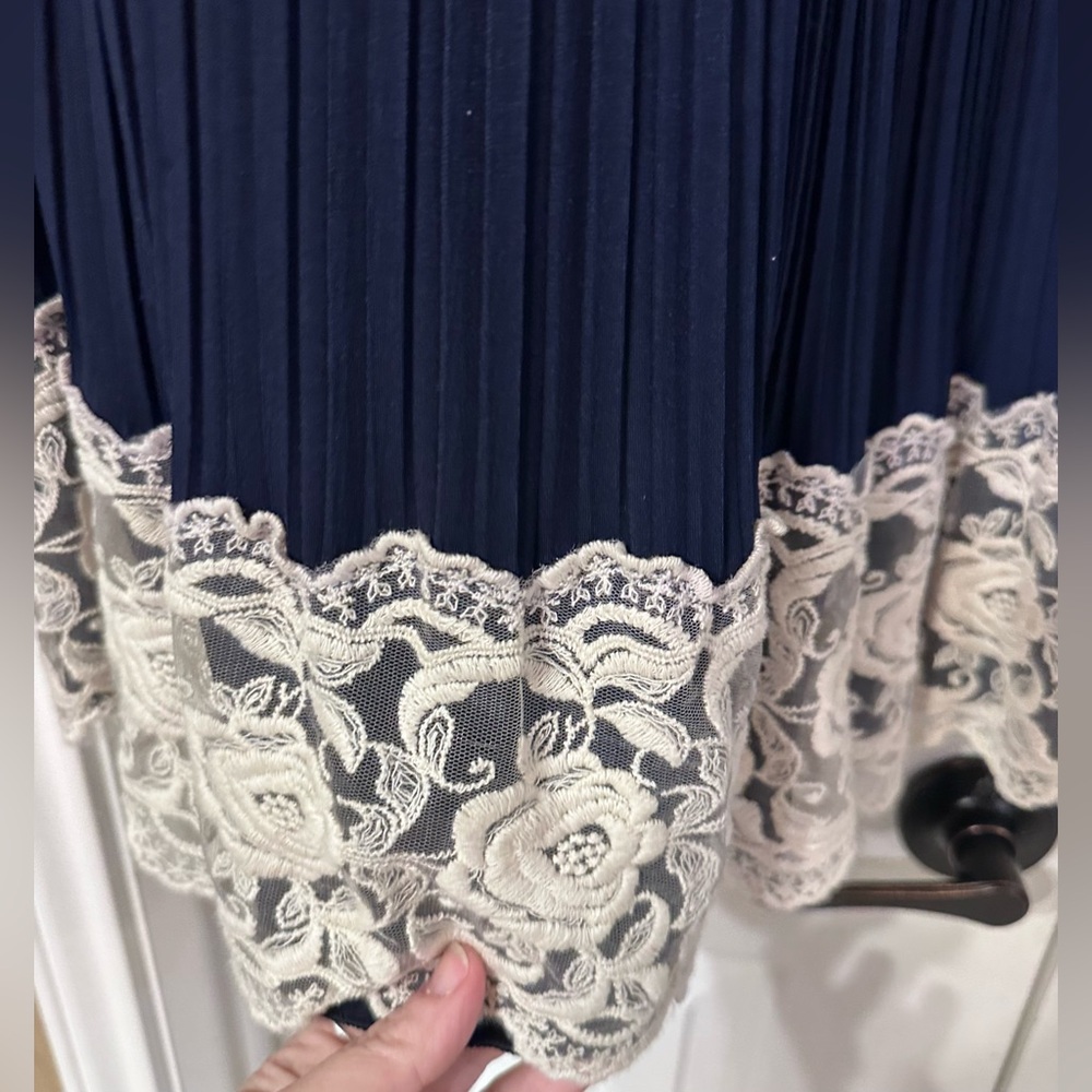 Adorable Navy Pleated dress with Gorgeous White Lace Hem-Cute with a sweater!